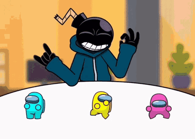 a cartoon character sitting at a table with three among us characters on it