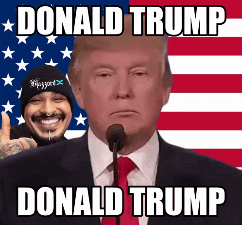 donald trump giving a speech in front of an american flag with a man wearing a hat that says wizzard on it