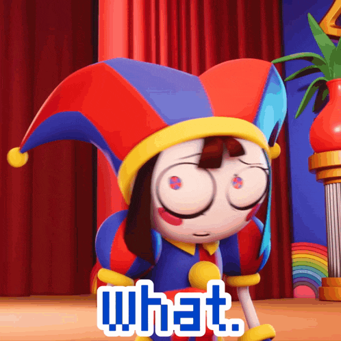 a cartoon character with a jester hat and the word what written on the bottom