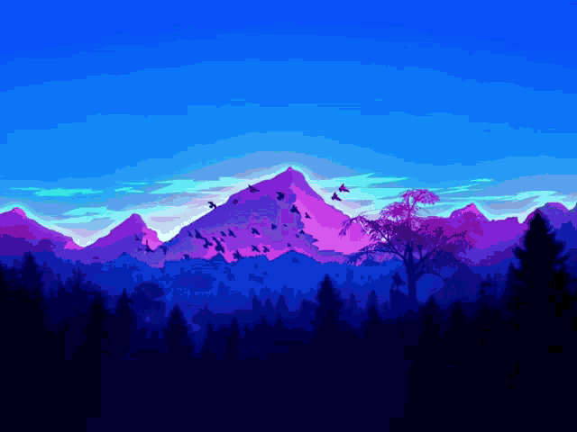 a flock of birds are flying over a mountain with trees in the foreground
