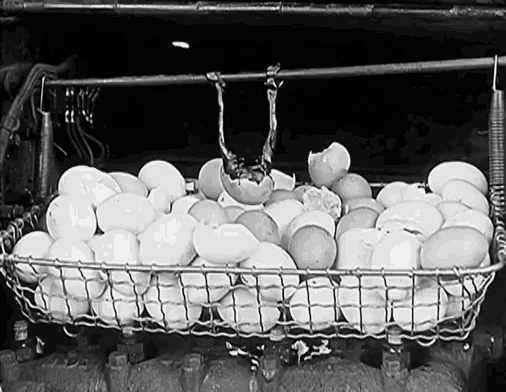 a bunch of eggs in a wire basket with one broken in half