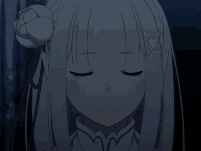a close up of a anime character with a butterfly on her hair