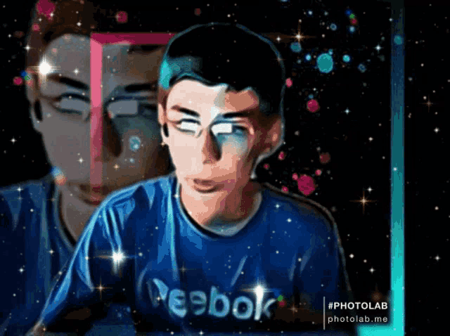 a drawing of a man wearing a blue shirt that says reebok