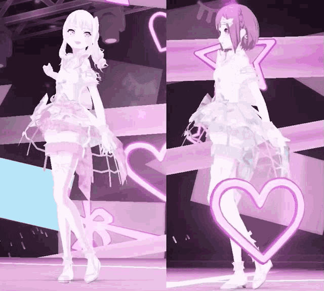 two anime girls are standing next to each other on a stage with hearts in the background