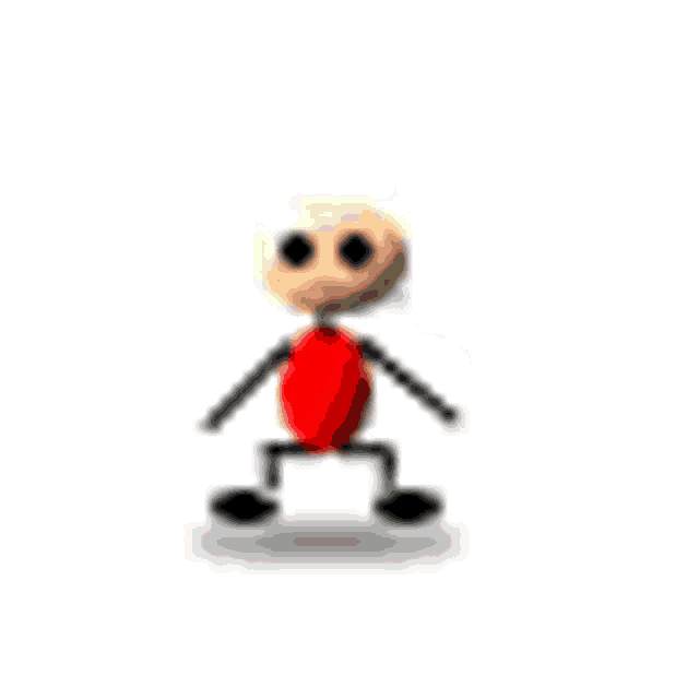 a stick figure with a red shirt and black legs is walking .