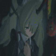 a drawing of a girl with green hair and red eyes with the number 1 in the corner