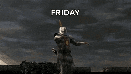 a statue of a knight with his arms outstretched and the words friday behind him