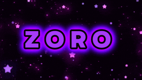 the word zoro is lit up in purple letters