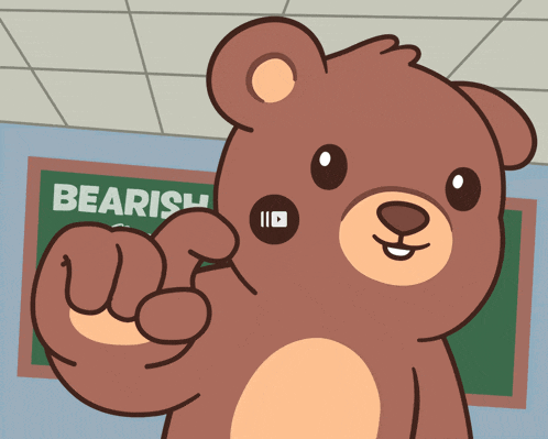 a cartoon bear giving a thumbs up in front of a board that says bearish