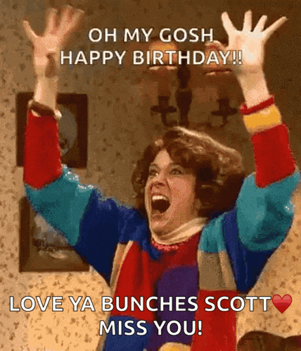 a woman in a colorful sweater is celebrating her birthday with her arms in the air
