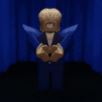 a roblox character in a blue suit is standing in front of a blue curtain with his arms outstretched