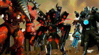 a group of robotic figures are standing next to each other in a field .
