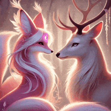 a fox and a deer are looking at each other in a painting