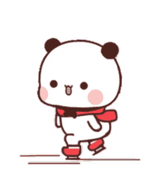 a cartoon panda bear is walking on ice skates .