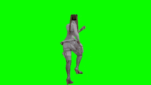 a woman is dancing on a green screen in a video game .