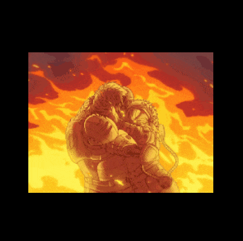 a pixel art drawing of two people hugging in front of a fire