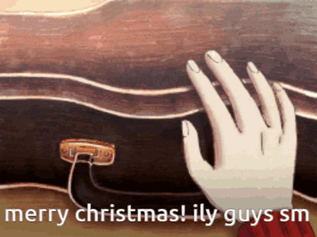 a person 's hand is touching a guitar case with the words merry christmas ! illy guys sm below it