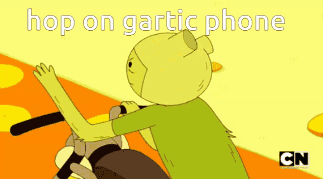 a cartoon character with the words hop on gartic phone on the bottom