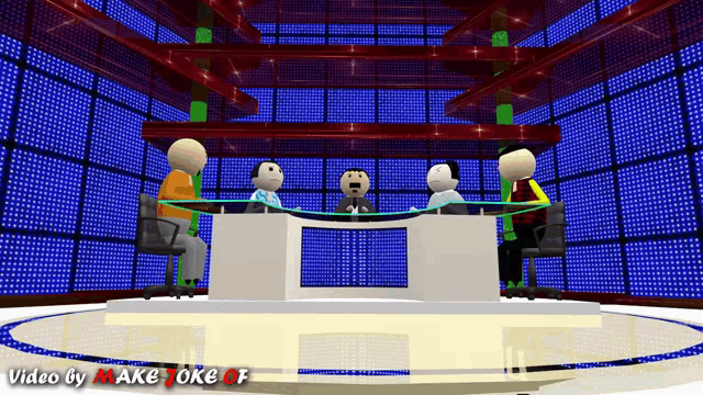 a group of cartoon characters sitting around a table with the words video by make joke of on the bottom right