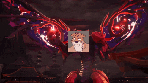a cartoon of a leopard surrounded by flames and buildings