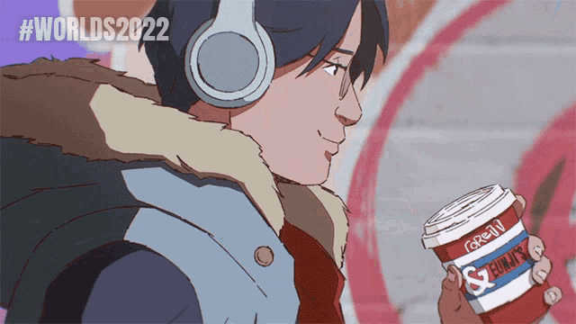 a person wearing headphones is holding a cup of coffee that says brew