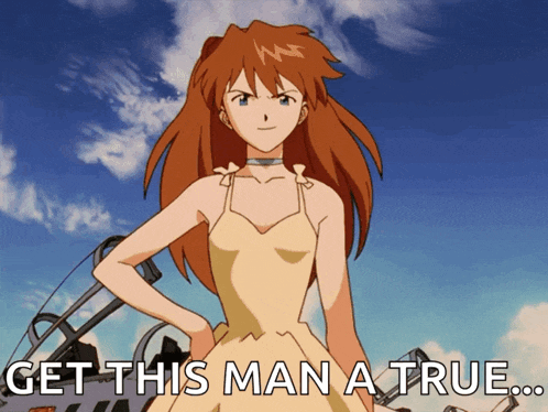 a picture of a girl with the words get this man a true written below her