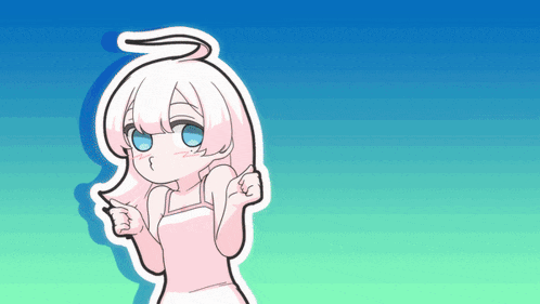 a drawing of a girl with white hair and blue eyes on a blue and green background