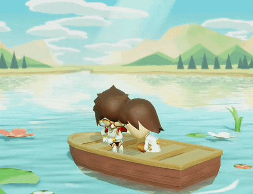 two cartoon characters are sitting in a boat in the water