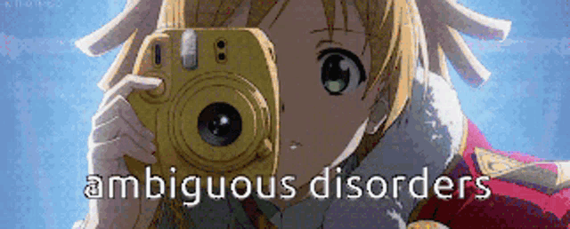 a girl taking a picture with ambiguous disorders written in the corner