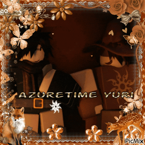 a picture frame with a fox and flowers with the name azuretime yuri