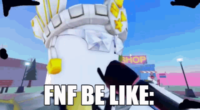 a cartoon character is standing in front of a building with a sign that says fnf be like .