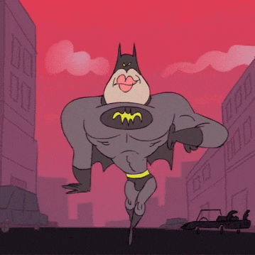a cartoon drawing of a batman flying through the air with buildings in the background