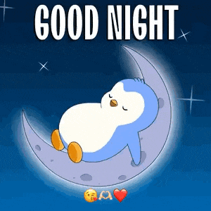 a penguin is sleeping on a crescent moon with the words good night .