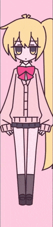 a cartoon girl with blonde hair and a pink bow tie