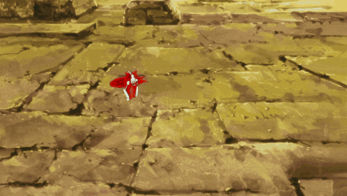 a cartoon drawing of a red and white animal on a rocky surface