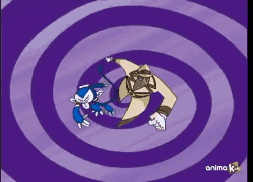 a cartoon of a man and a monkey in a purple swirl with the word anima kids on the bottom