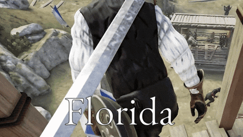 a man holding a large sword with the word florida on it