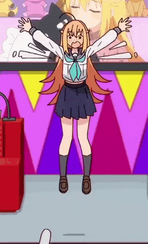 a girl in a school uniform is standing with her arms outstretched in front of a colorful wall