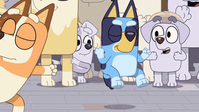 a group of cartoon dogs are standing next to each other on a tiled floor
