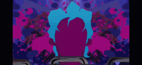 a cartoon character is chained to a wall with a purple background