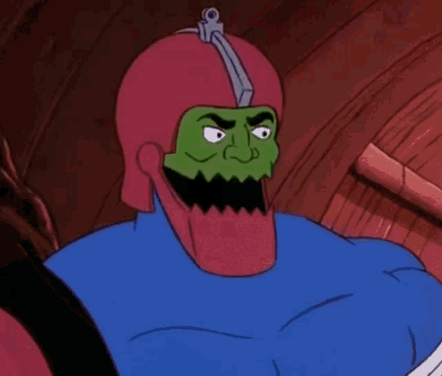 a close up of a cartoon character 's mouth with a green shirt on .