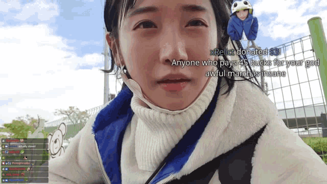 a girl with a mask on her face says anyone who pays 45 bucks for your god