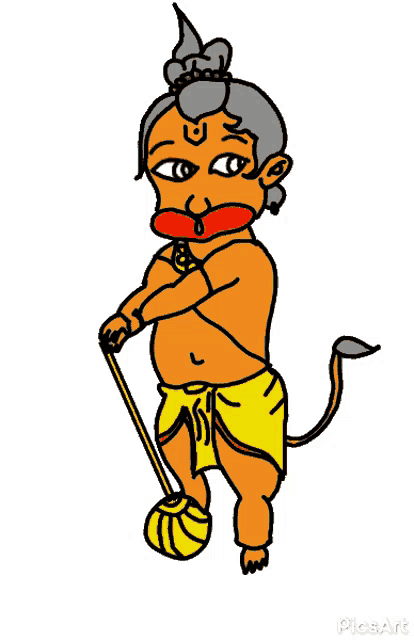 a cartoon drawing of hanuman holding a yellow ball