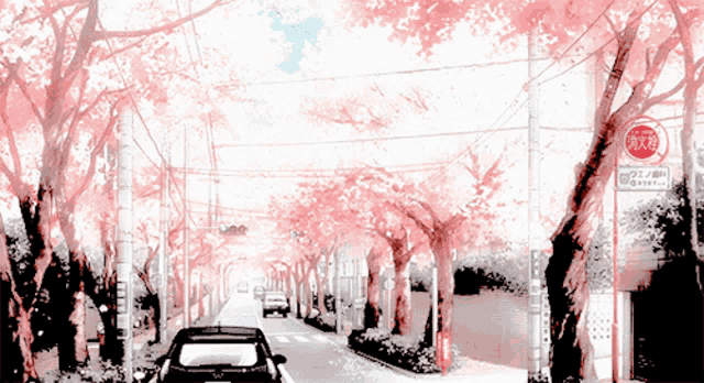 a drawing of a street with pink trees and a red sign that says ' fire ' on it