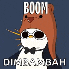 a cartoon of a penguin wearing sunglasses and a bow tie with a bear on its head .