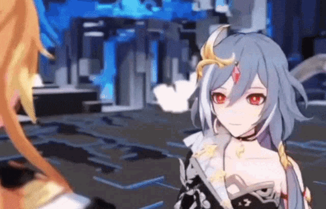 a girl with long hair and red eyes is standing next to a man with long hair in a video game .