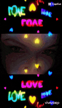 a woman 's face is surrounded by hearts and the word love