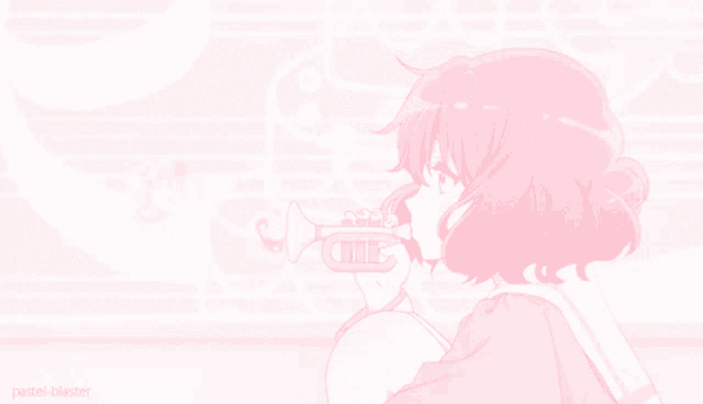 a girl is blowing a trumpet in a pink background