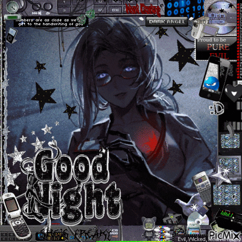 a computer screen with a girl and the words good night written on it