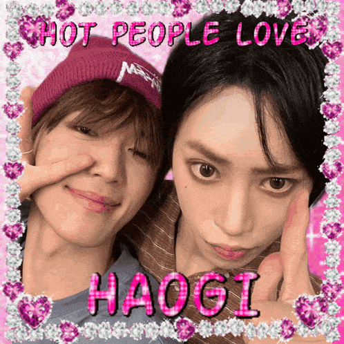 a picture of two people with the words hot people love haogi written on it